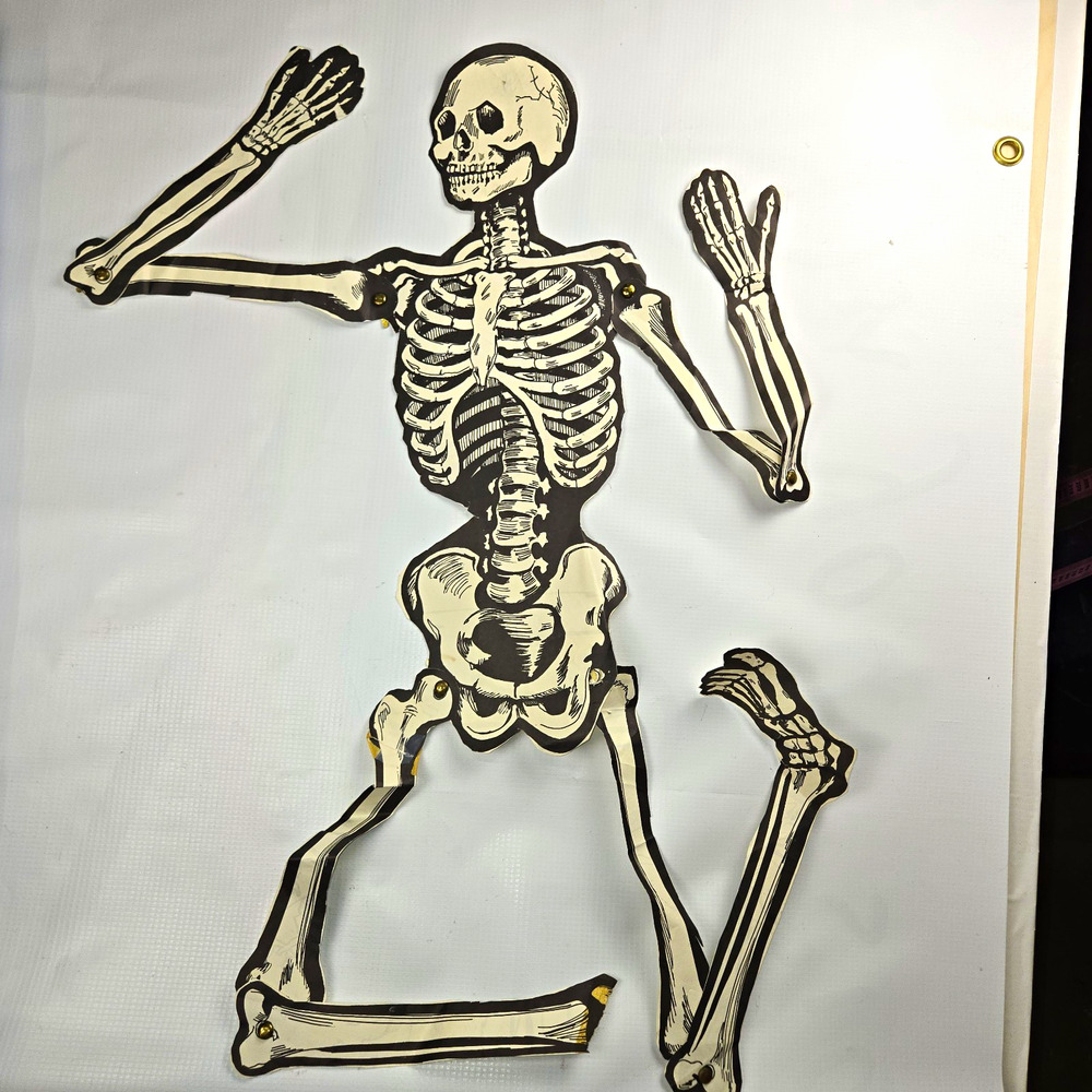 Vintage Jointed Paper Skeleton Decoration for Halloween, Black & White